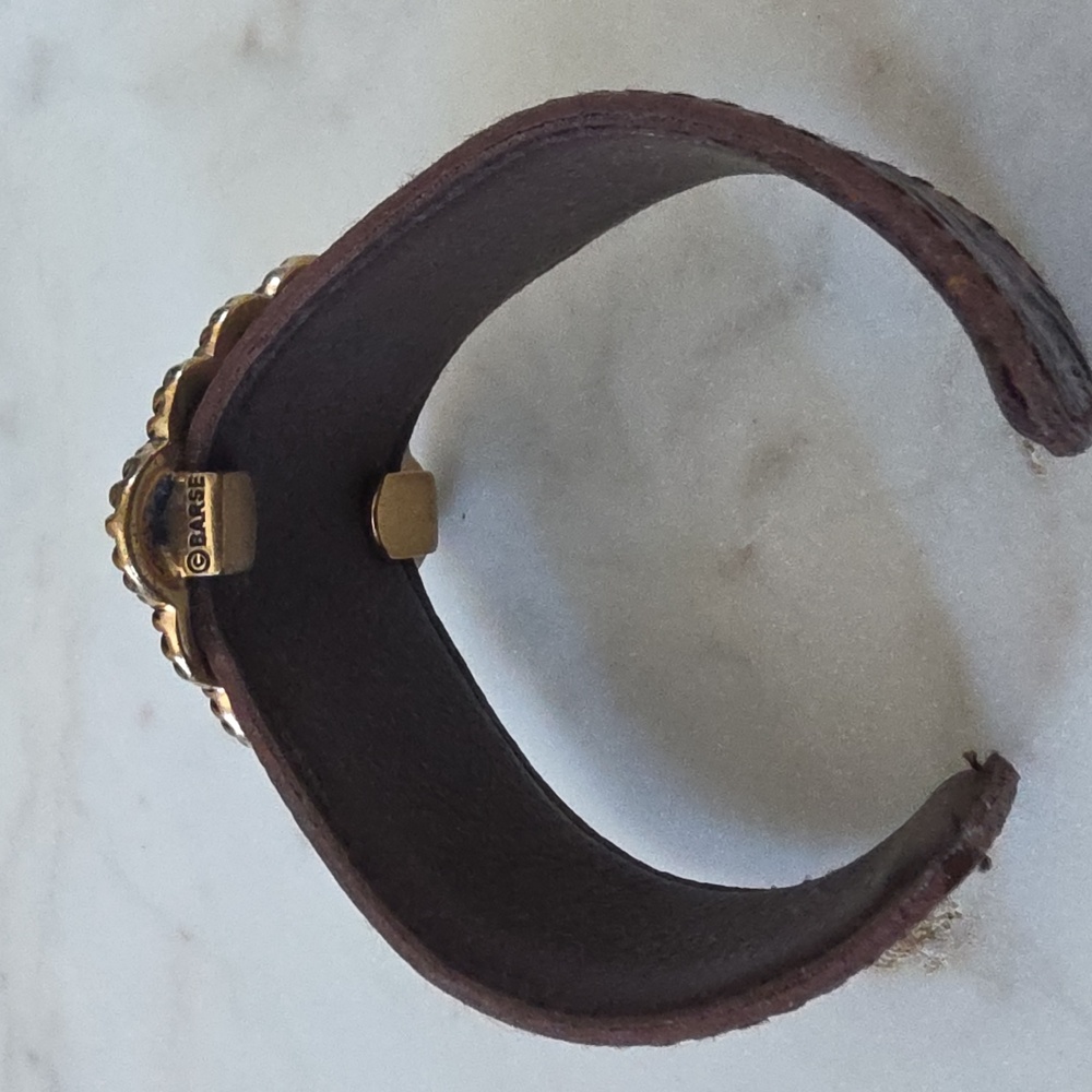 Barse turquoise and tooled brown leather cuff bracelet  with silver hardware - Picture 7 of 8